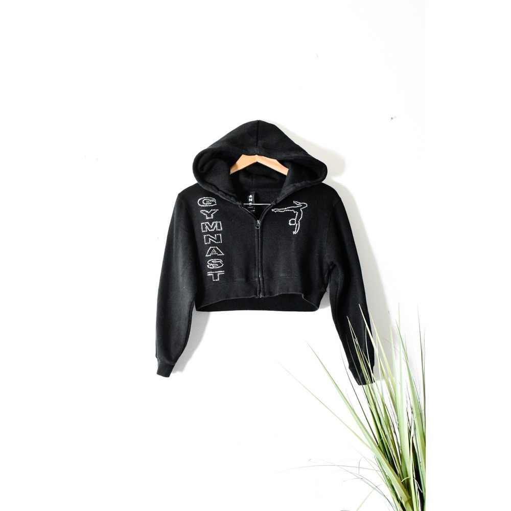 A.M. Gymnast Cropped Hoodie Women Small Black Modern Rhinestone Zip Up
